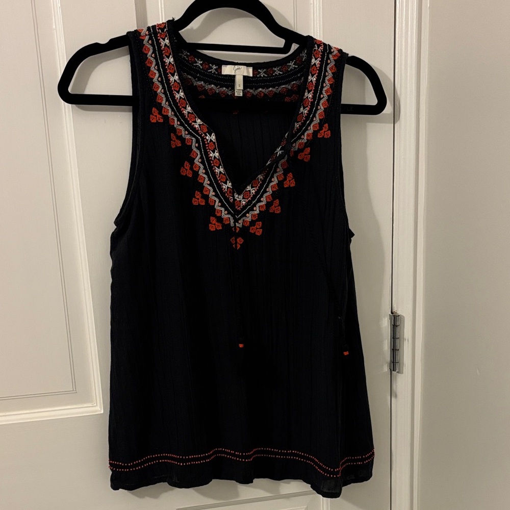 Joie Black Tank Top with Red Embroidery